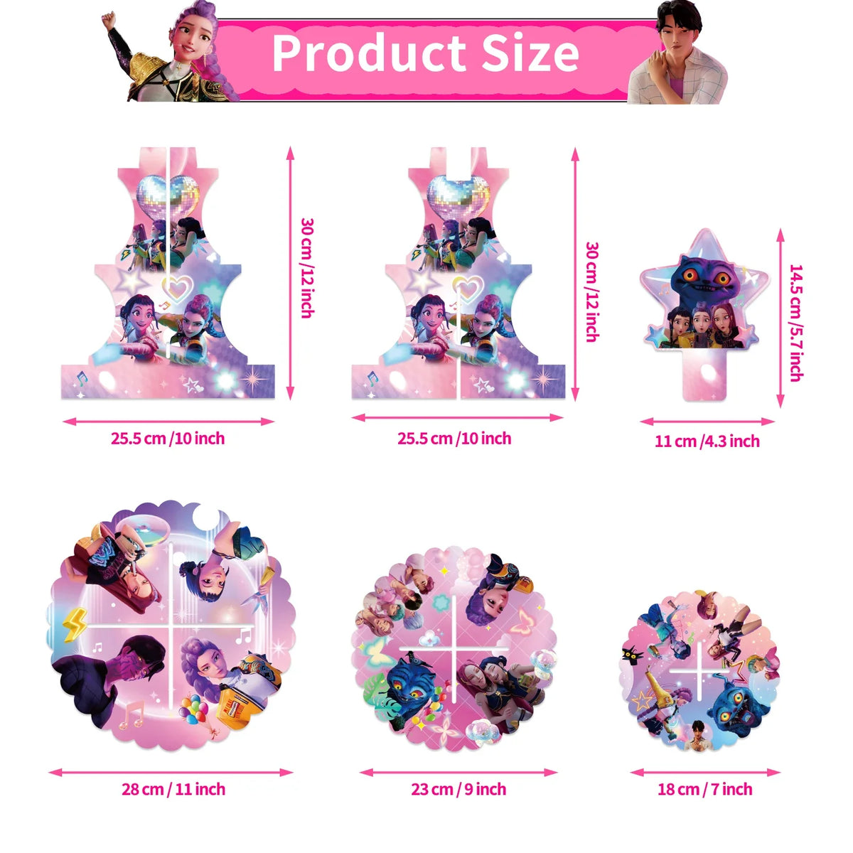 Three-tier star-shaped dessert stand size diagram with character artwork