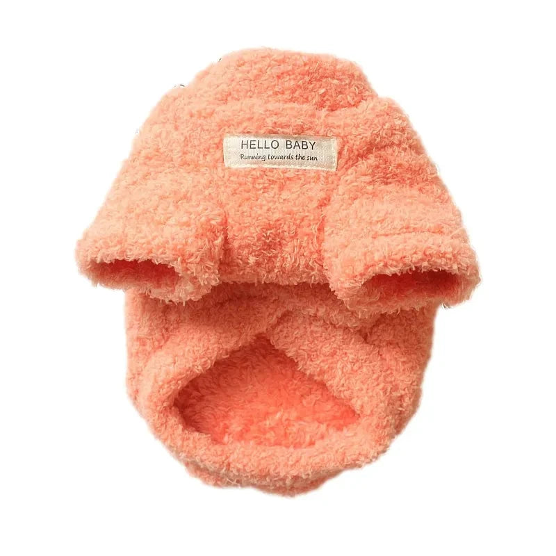 Plush dog sweater with hood and paw cutouts, coral pink with “HELLO BABY” label