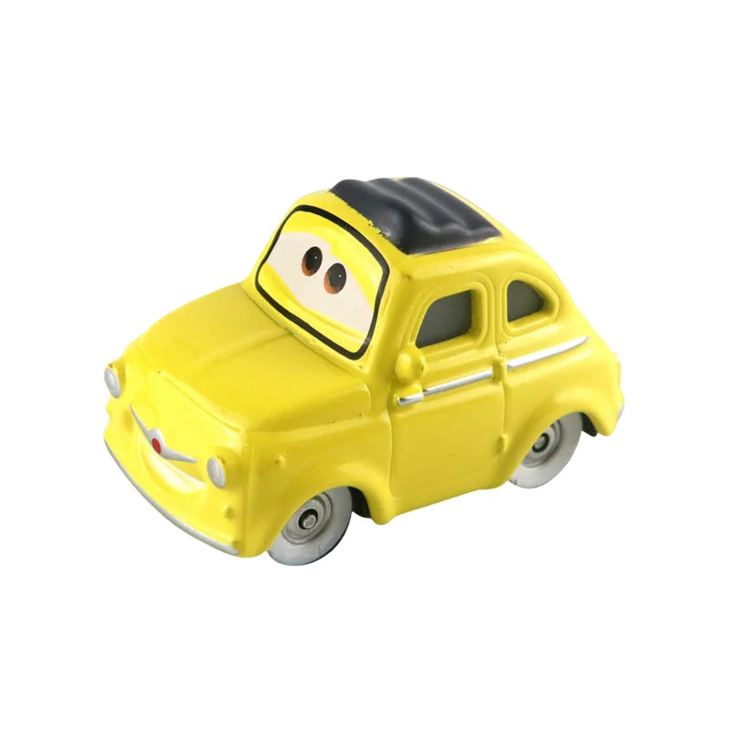 Diecast race car model, yellow small car with character face on the windshield