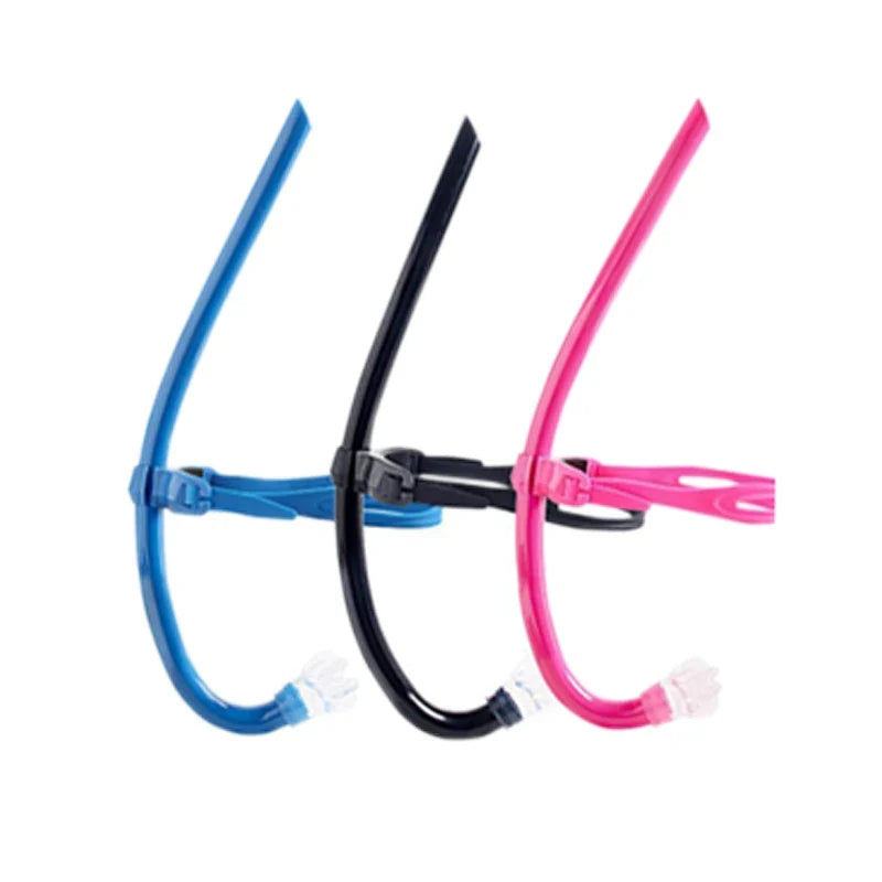 Swim training snorkel set with center-mount silicone mouthpiece, blue, black, and pink