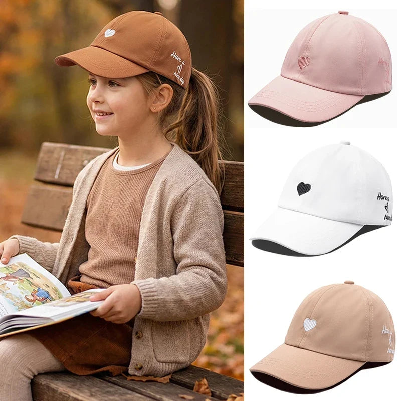 Kids cotton baseball cap, tan color, heart embroidery on front panel