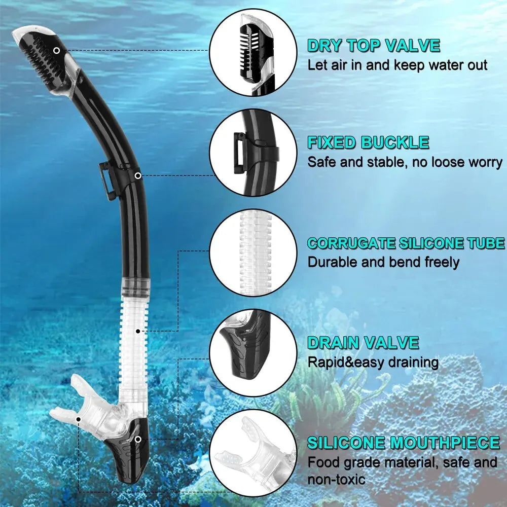 Black dry snorkel set with adjustable mask straps and silicone tube, drain valve design