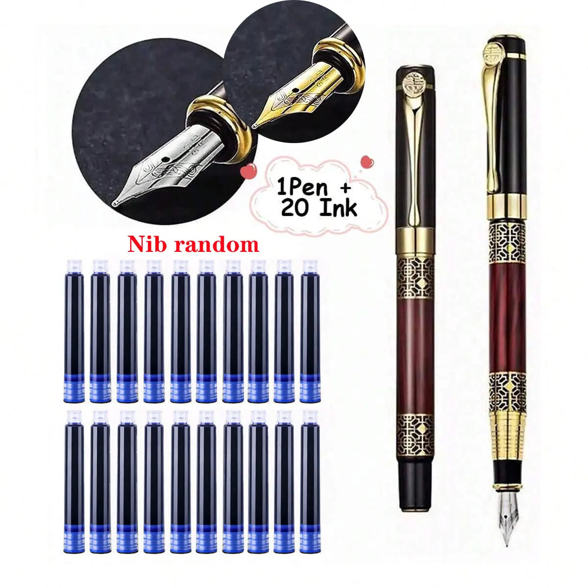 Two retro fountain pens with gold tips and multiple blue ink refill tubes