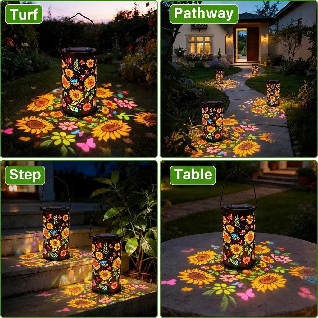 Sunflower solar lantern with black cap, glowing flower pattern on patio surface
