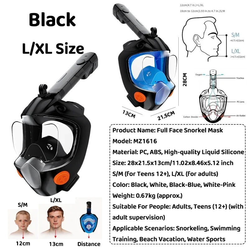 Black full-face snorkel mask infographic with snorkel and blue face panel