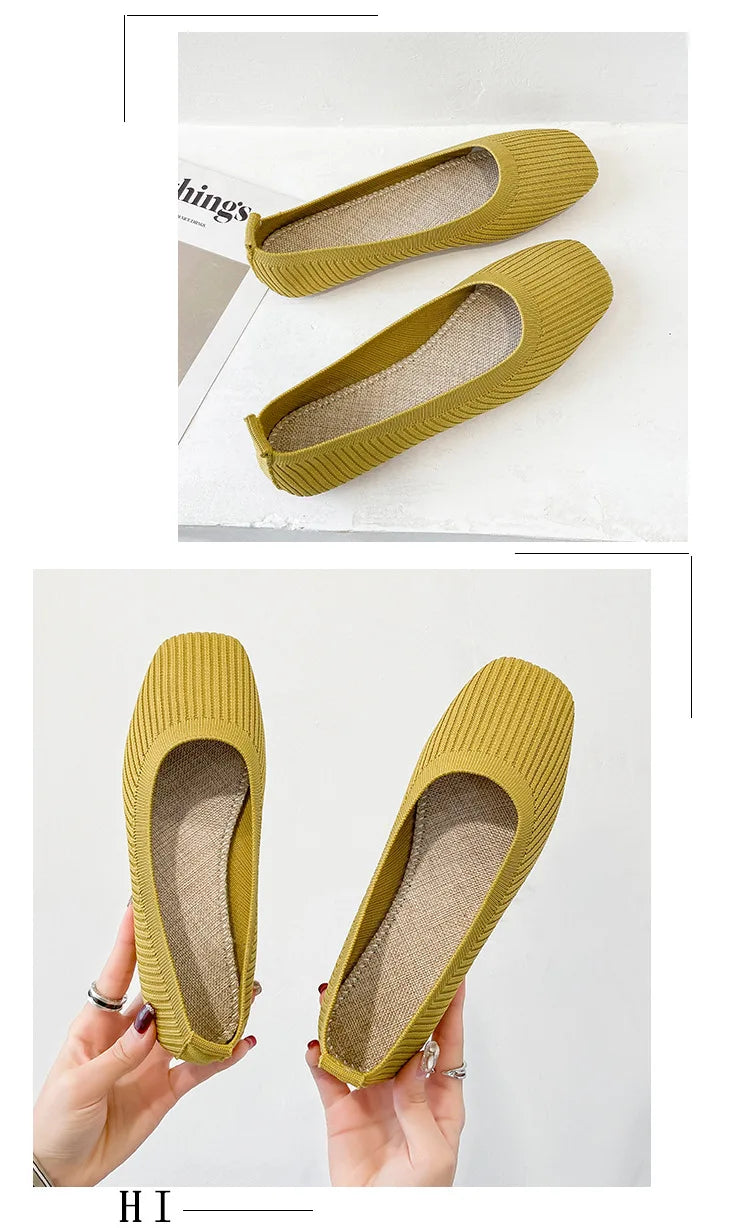 Women’s yellow knitted square-toe slip-on flat loafers, top and side views