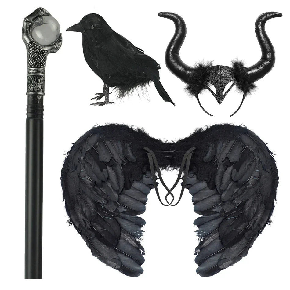 Black feathered wing costume accessory set with ravens and heart trim