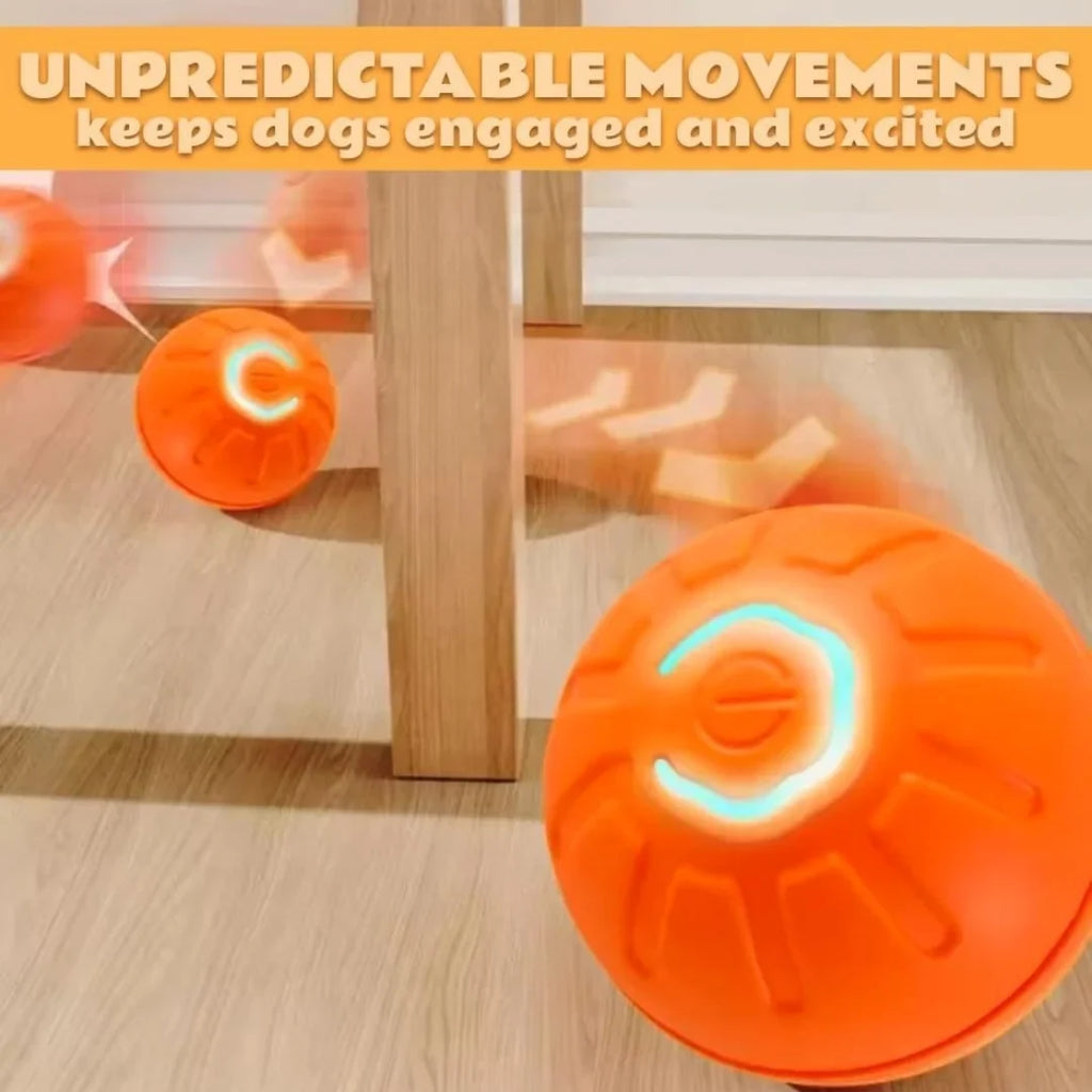 Orange smart electric bouncing pet ball toy with glowing light ring on the floor
