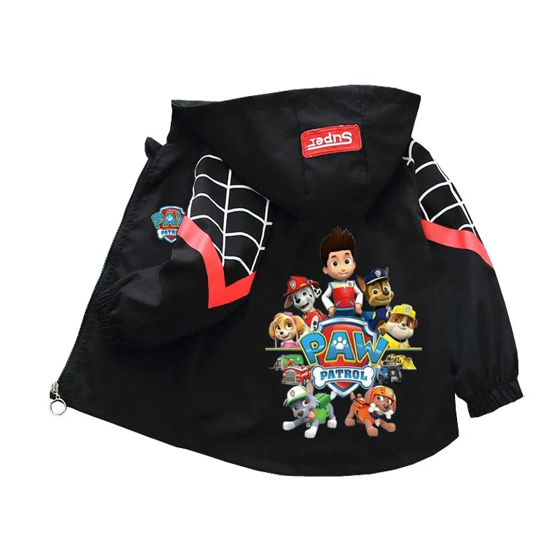 Kids Paw Patrol hooded windbreaker jacket, black with Paw Patrol character graphic on back