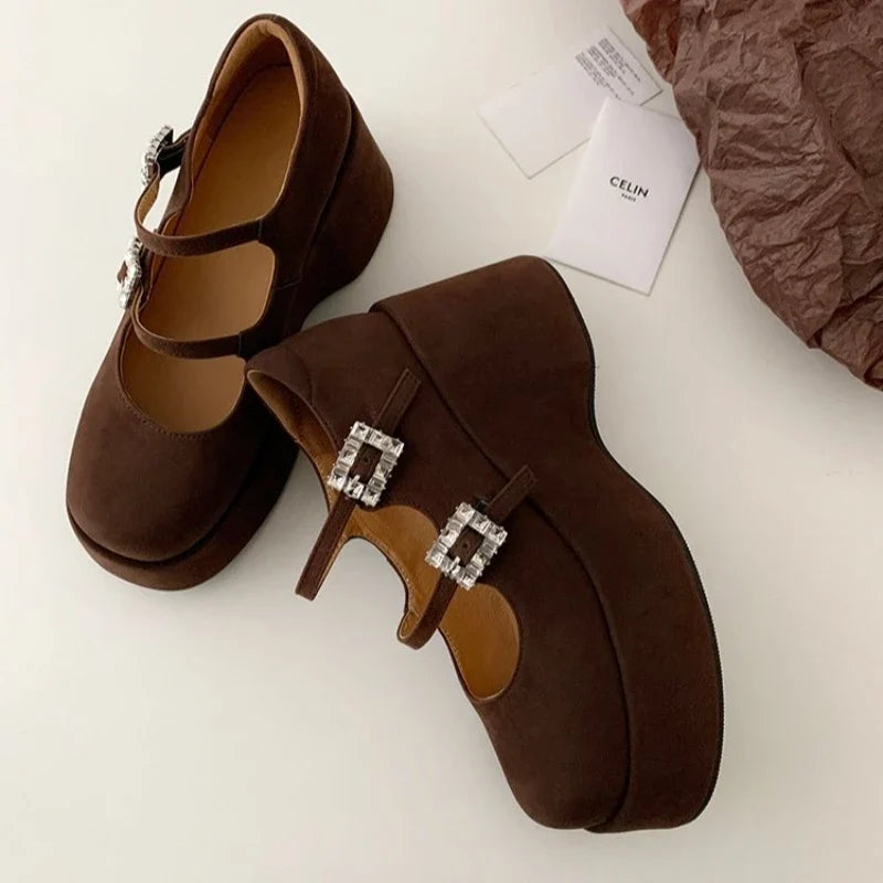 Brown suede platform Mary Jane wedge shoes with square buckle and Mary Jane straps