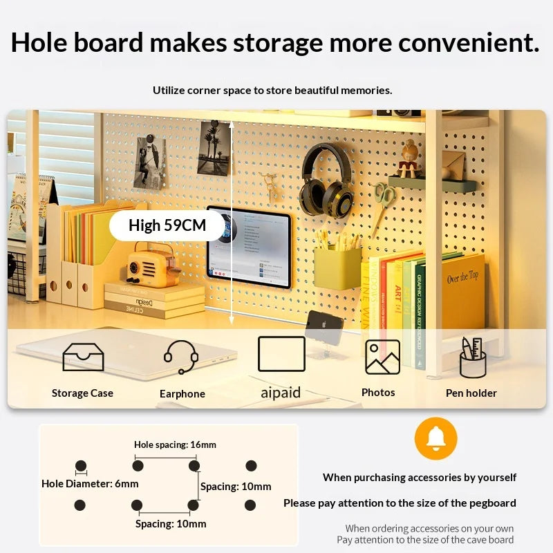 Iron corner pegboard storage organizer with shelves, hooks, and accessory holders