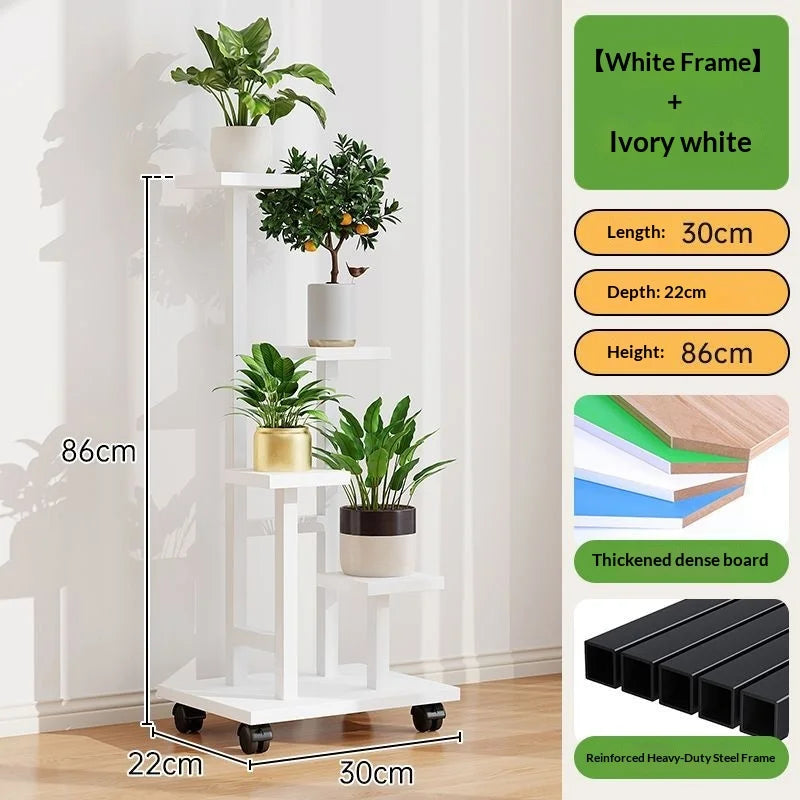 White-frame rolling plant rack with light ivory-toned shelves and caster wheels.
