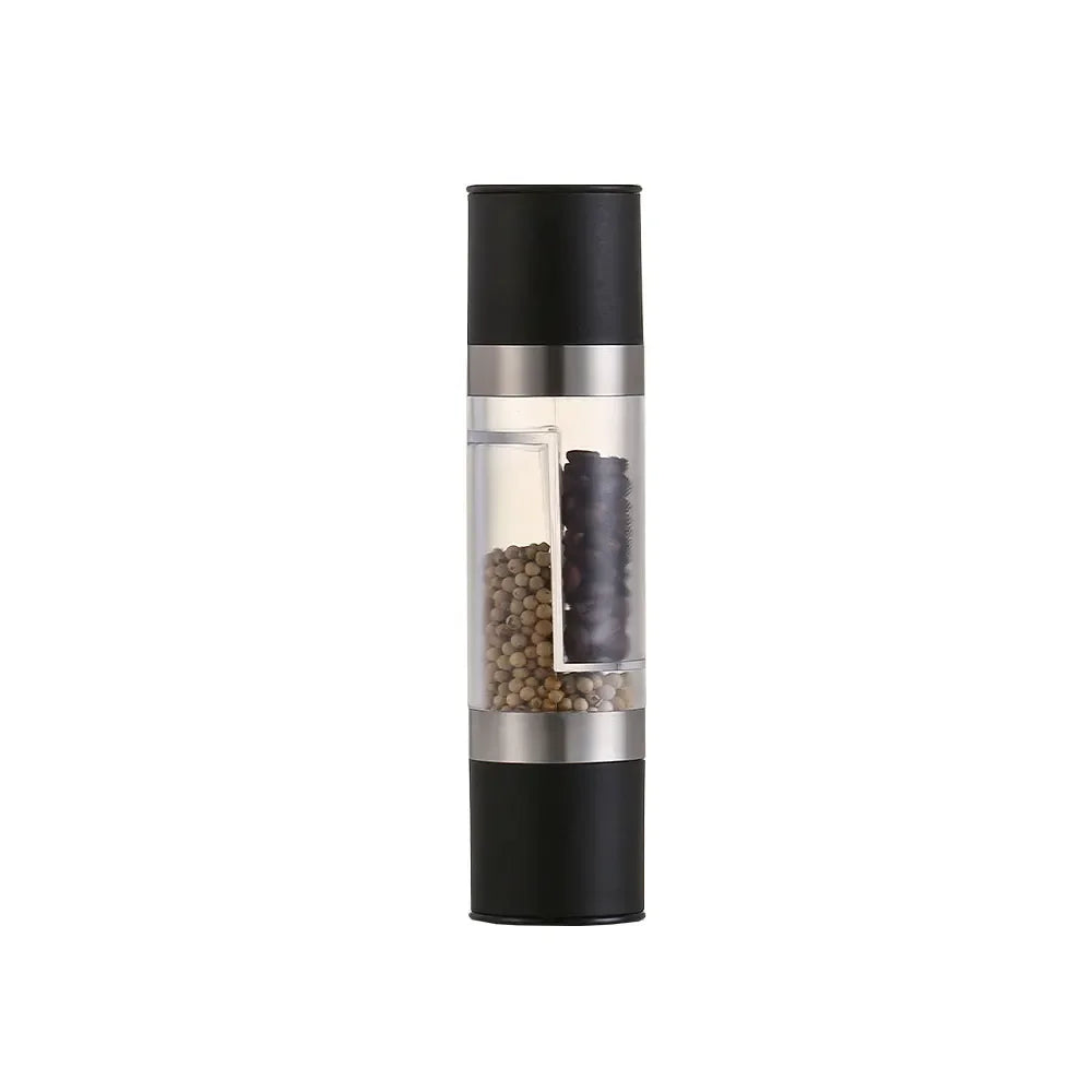Black 2-in-1 manual salt and pepper grinder with clear window and stainless cap