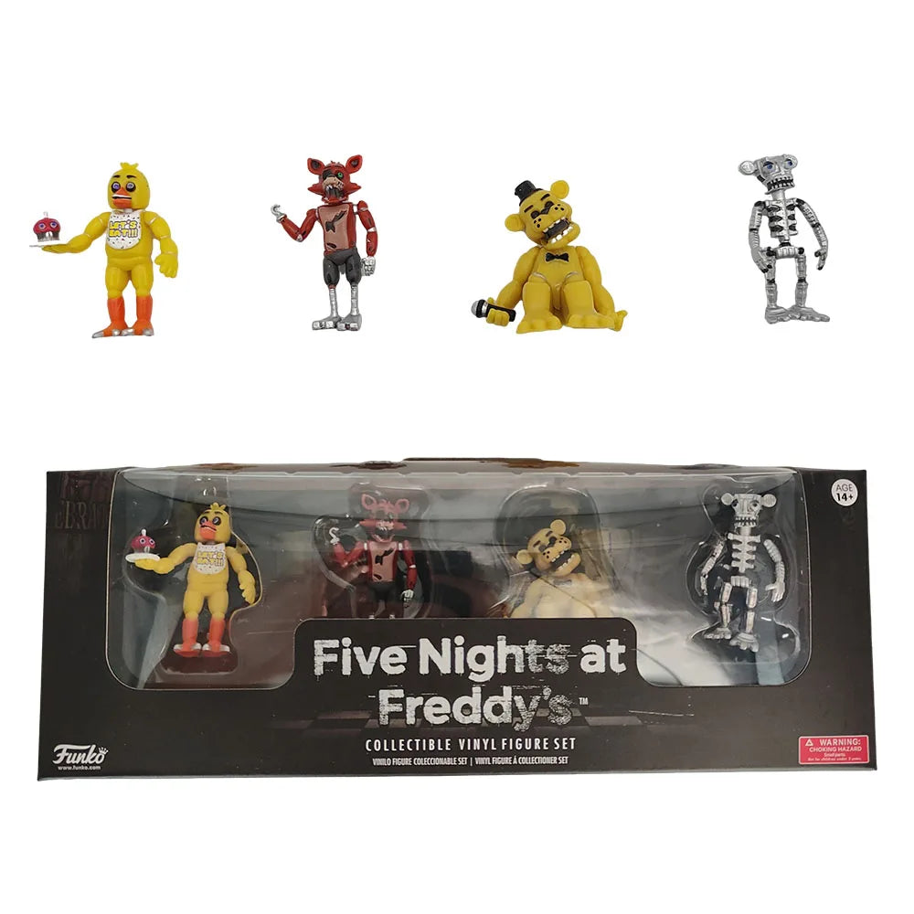 Vinyl action figure set window box with four small character figures displayed above