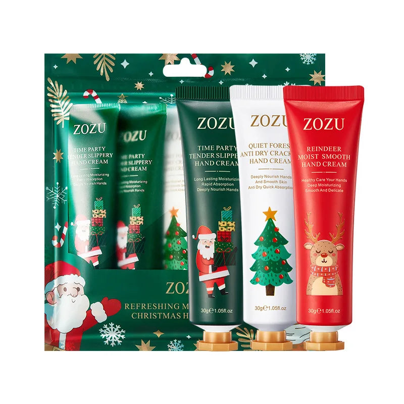 Christmas hand cream set of 5 festive tubes, green and red with holiday graphics