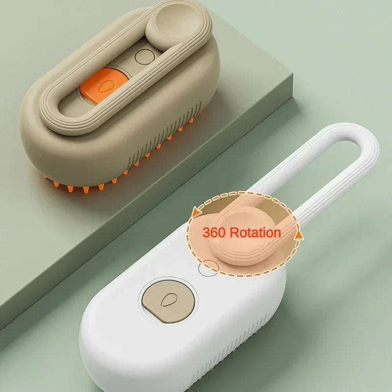 Rechargeable pet steam brush with white body, orange bristle underside and power button