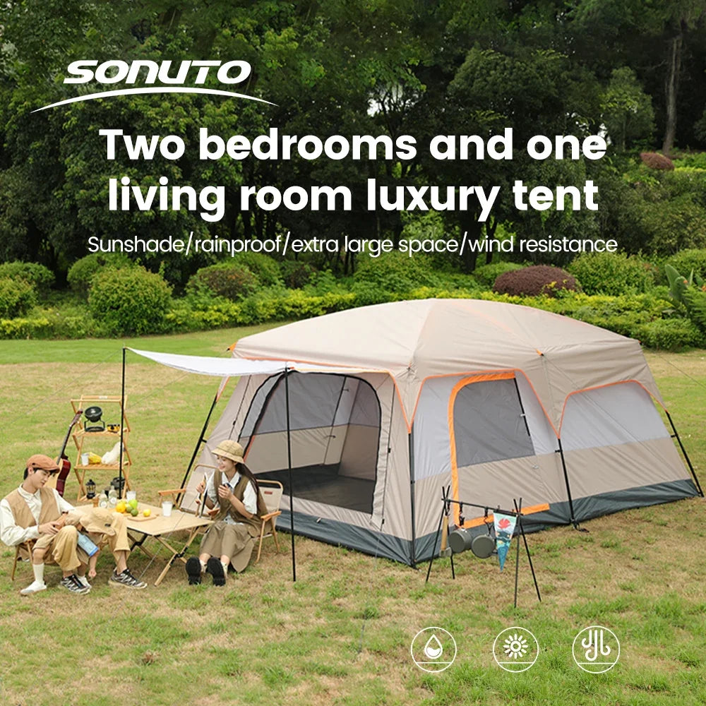 Family 2-room camping tent with living area, beige outer, orange trim, mesh windows