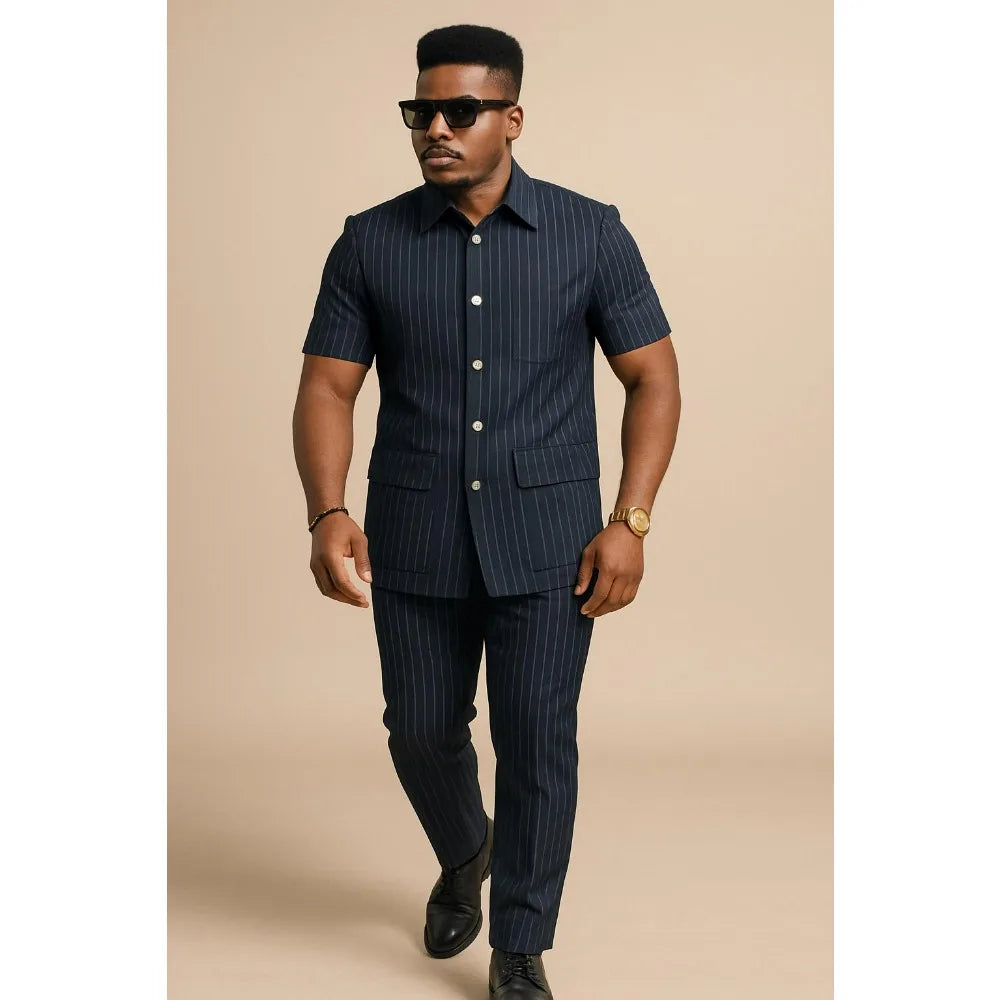Men's navy striped short-sleeve suit set with matching pants, front button placket, side pockets