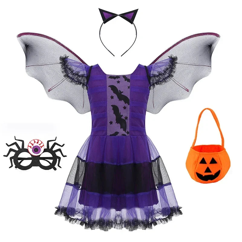 Kids purple bat wing dress costume with black star panel and headband