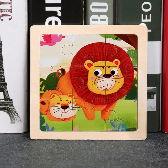 Wooden 3D tangram animal puzzle with cartoon lion face and pieces in a frame