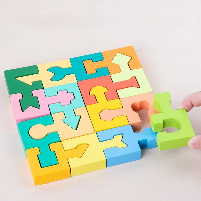 Wooden puzzle board with colorful interlocking shape pieces and matching cutouts