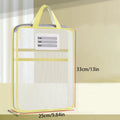 Yellow-trim mesh stationery storage bag with top handle and front label window