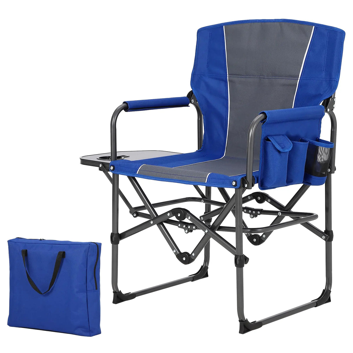 Blue folding director camping chair with side table, side pocket, and carry storage bag