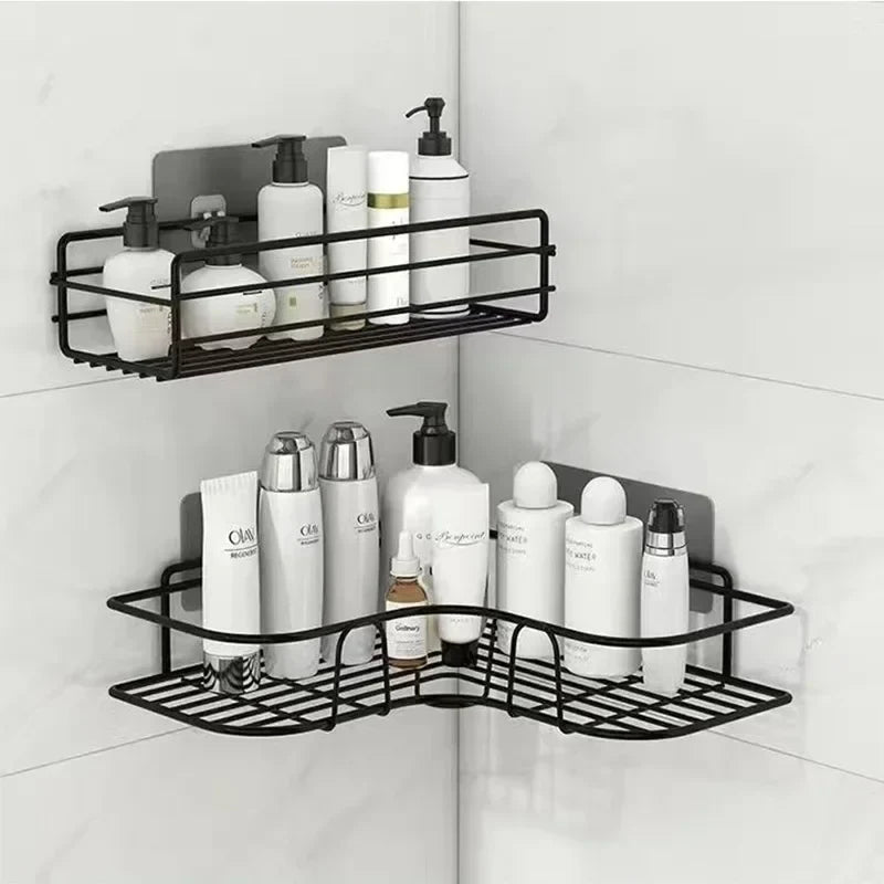 Black metal two-tier wall shelf organizer with toiletry bottles and soap pumps