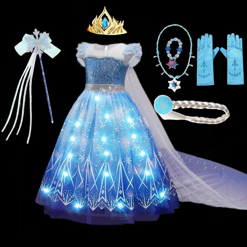 Blue glitter LED princess dress with light-up skirt, jeweled tiara, necklace and gloves