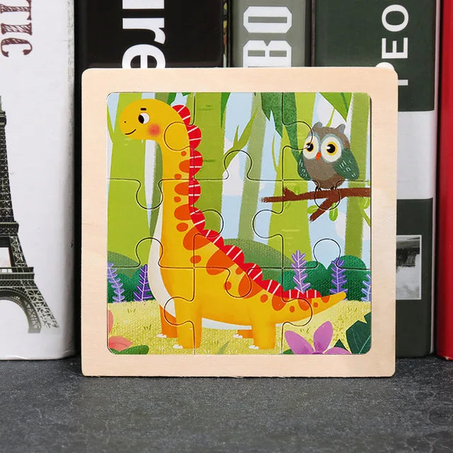 Wooden cartoon giraffe jigsaw puzzle with interlocking pieces in a square frame