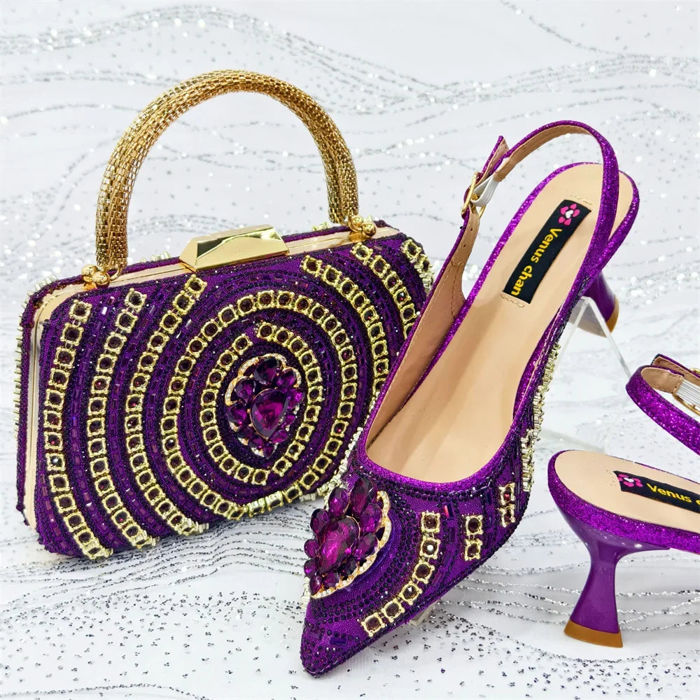 Purple rhinestone slingback wedding heels with bow detail, matching beaded handbag set