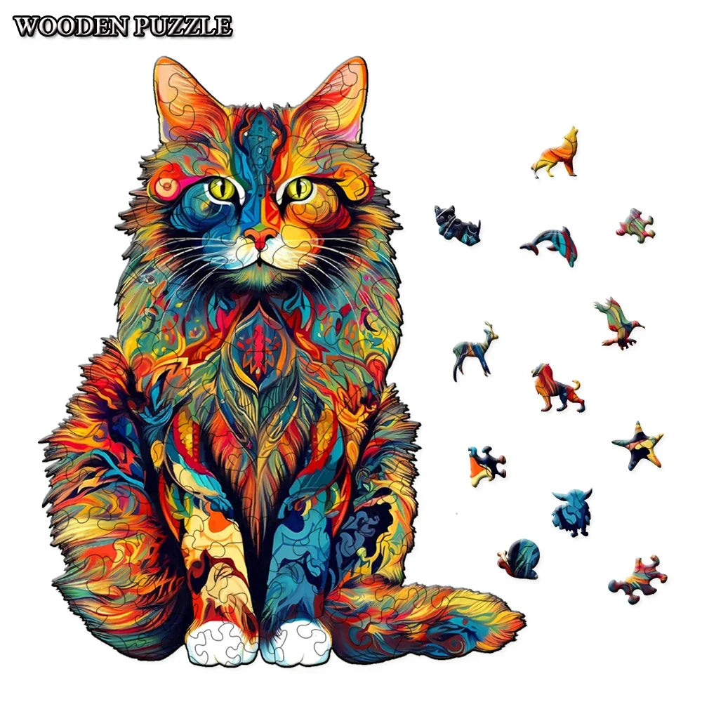 Colorful wooden cat jigsaw puzzle with multicolored illustration and loose pieces
