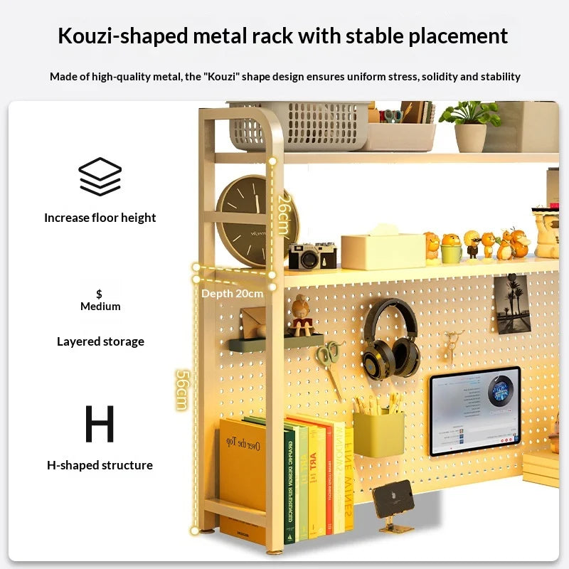 Pegboard metal desk rack with layered shelves, H-shaped frame, and accessory hooks