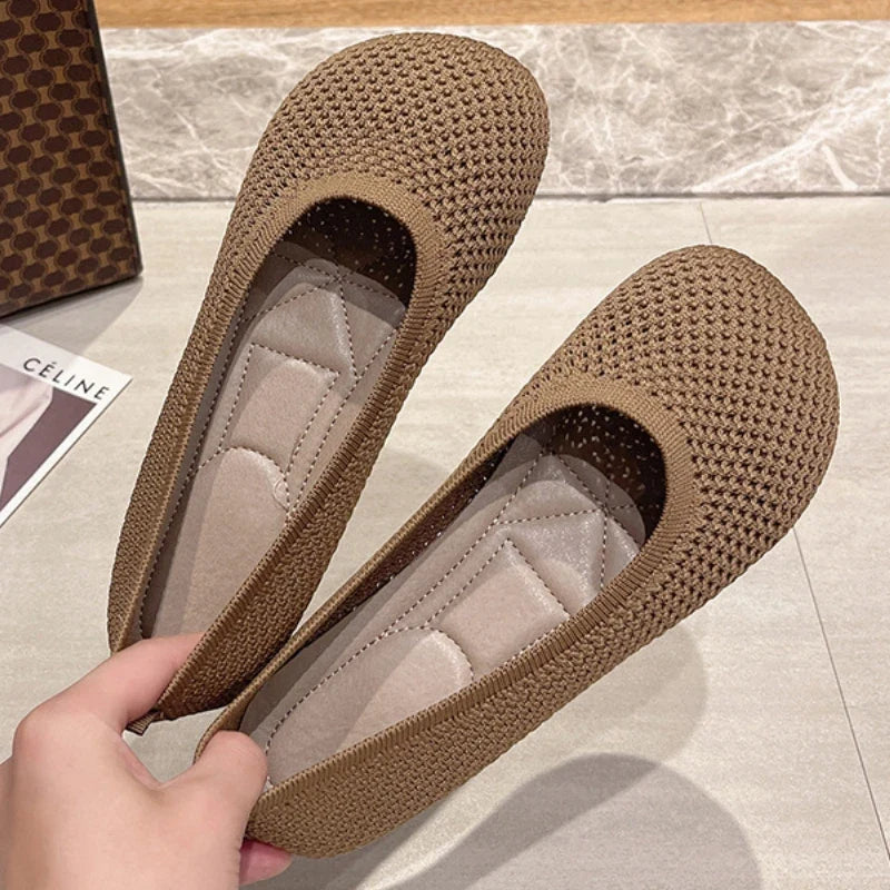 Women’s knit slip-on flats, breathable mesh upper in tan/beige, rounded toe
