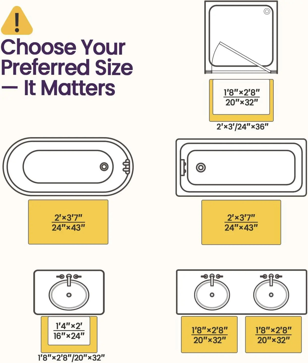 Bath mat size guide chart showing multiple rectangle dimensions for selection