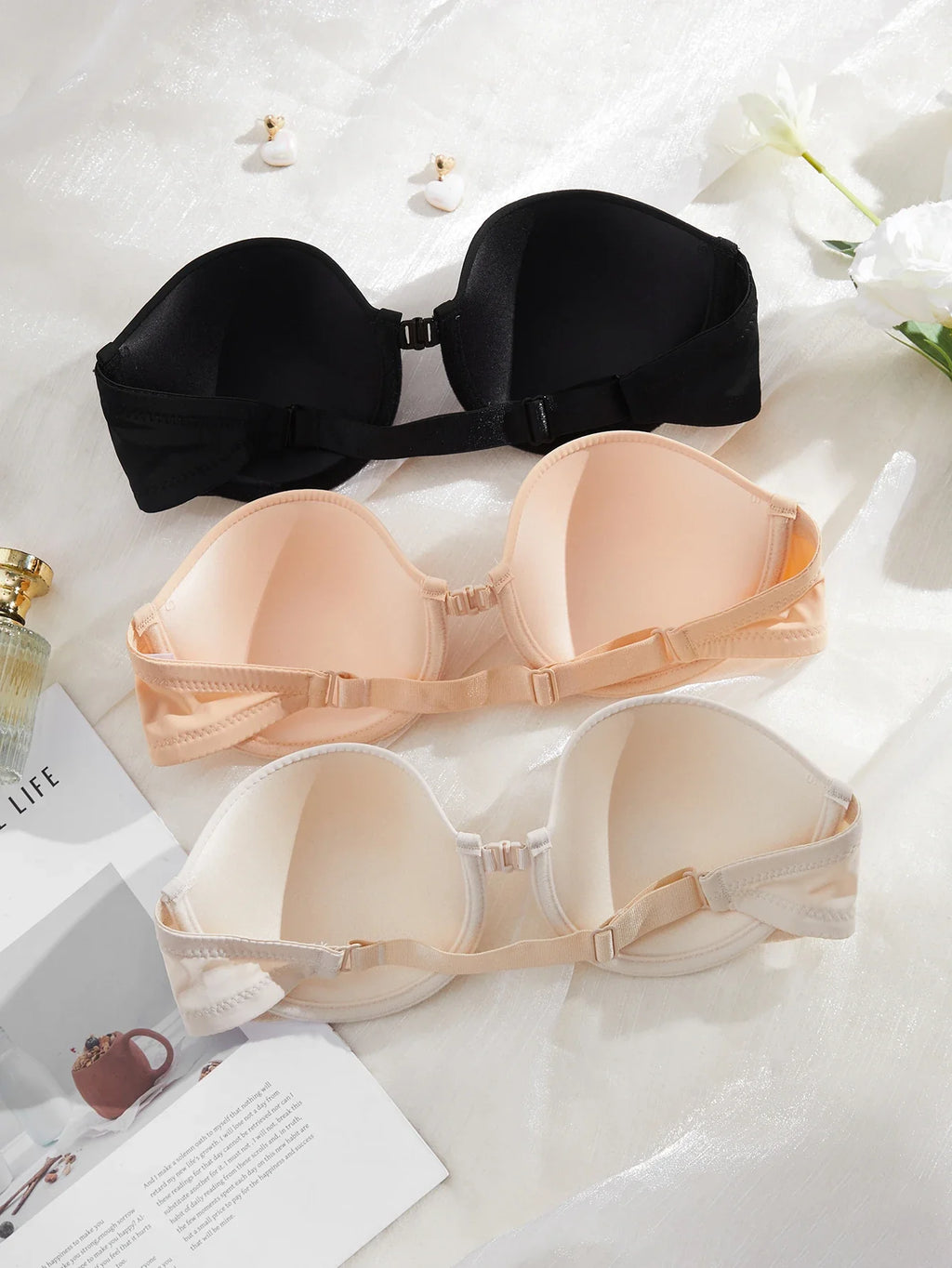 3-piece demi cup push-up bra set with seamless underwire support, black, peach, and white