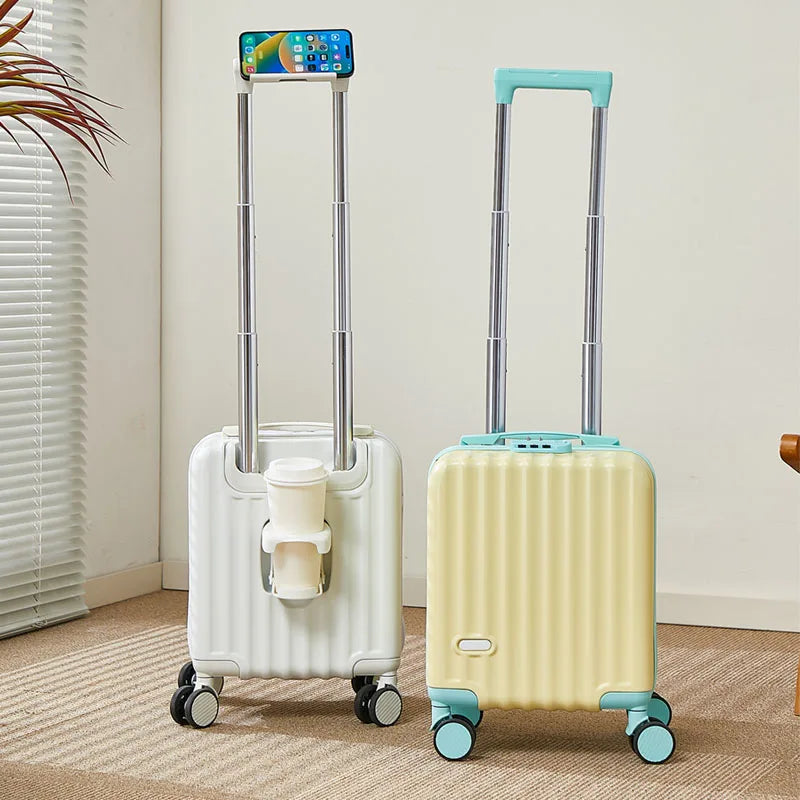 White and yellow 14-inch carry-on suitcases with extendable handles, phone and cup holders