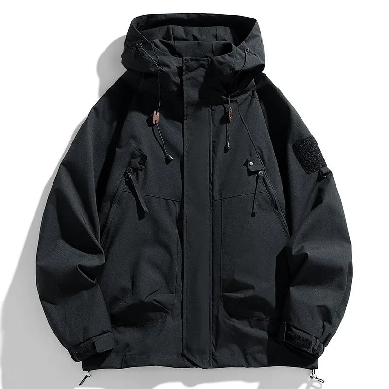 Men's black hooded waterproof windbreaker jacket with zip front and utility pockets
