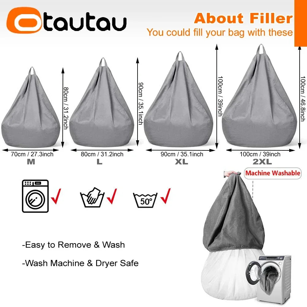 Gray bean bag cover with top handle, shown with size measurements and wash-safe icons