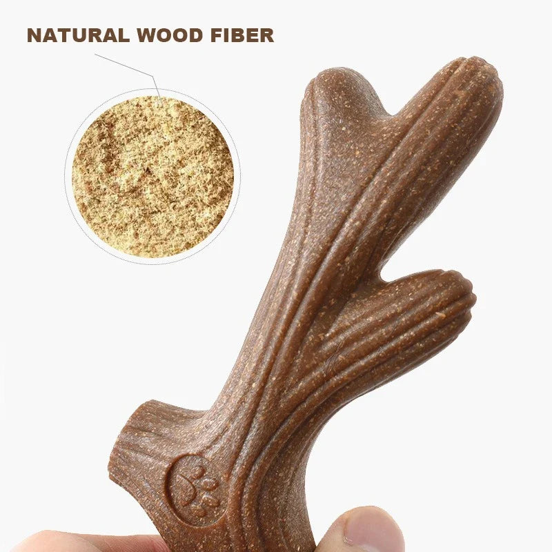 Brown antler-shaped pet teeth grinding chew toy, textured natural wood fiber