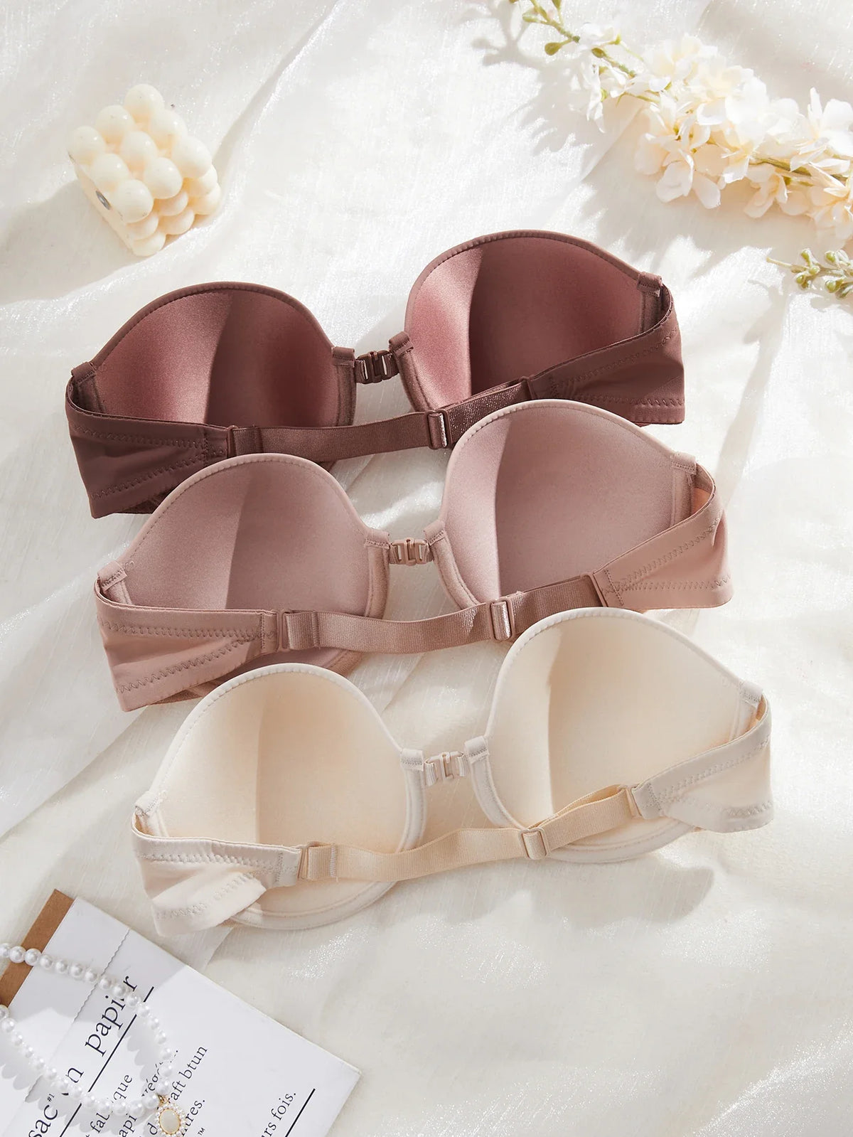 3-piece demi cup push-up bra set with seamless underwire support in rose, cocoa, and cream