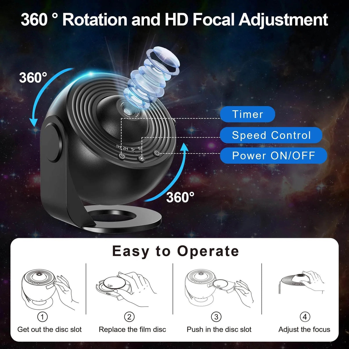 Black star projector with 360° rotation controls and HD focal adjustment
