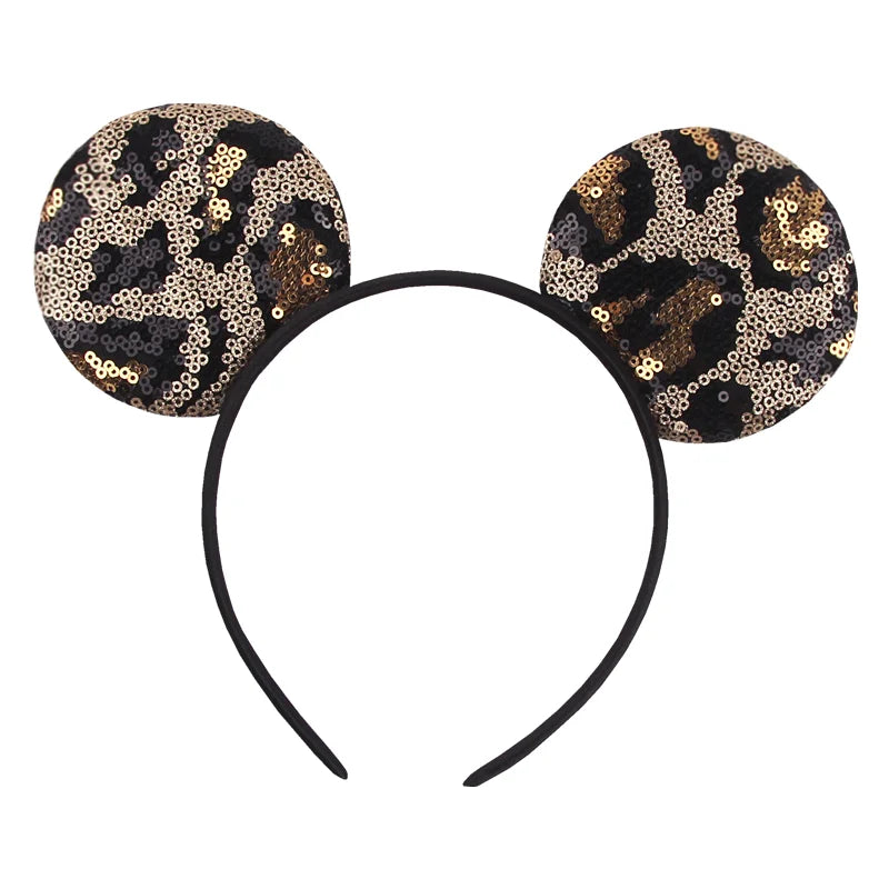 Leopard sequin Mickey ears headband with black bow