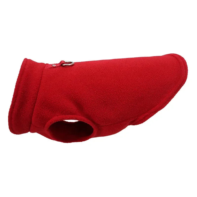 Red fleece dog winter jacket with D-ring and front neck opening