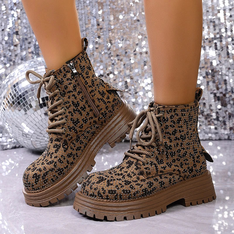Brown leopard-print lace-up platform ankle boots, thick sole