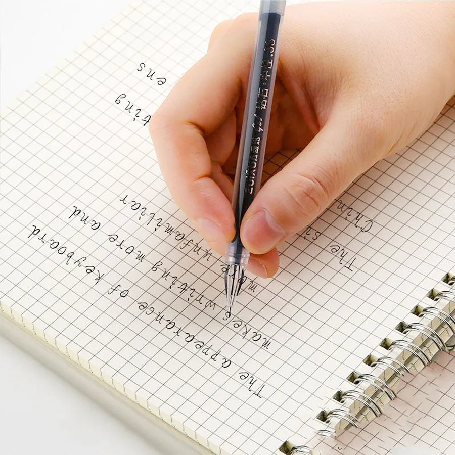 Handwriting with a fine 0.38mm diamond tip gel pen on graph paper grid