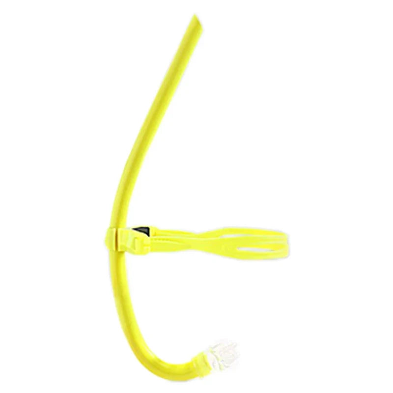 Swim training snorkel with center-mount silicone mouthpiece, yellow curved tube