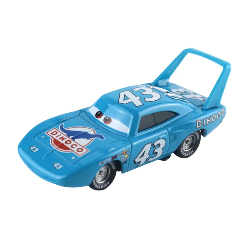 Diecast race car model, blue with number 43 graphics and open windows