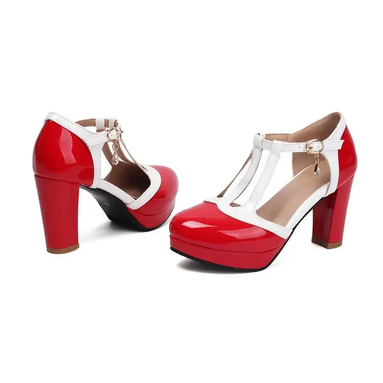 Women’s platform heeled pumps, red patent front with black heel and white T-strap buckle