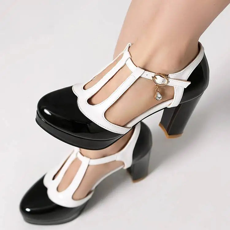 Women’s color-block heeled shoes, round toe, ankle buckle, black platform with white straps, mid heel